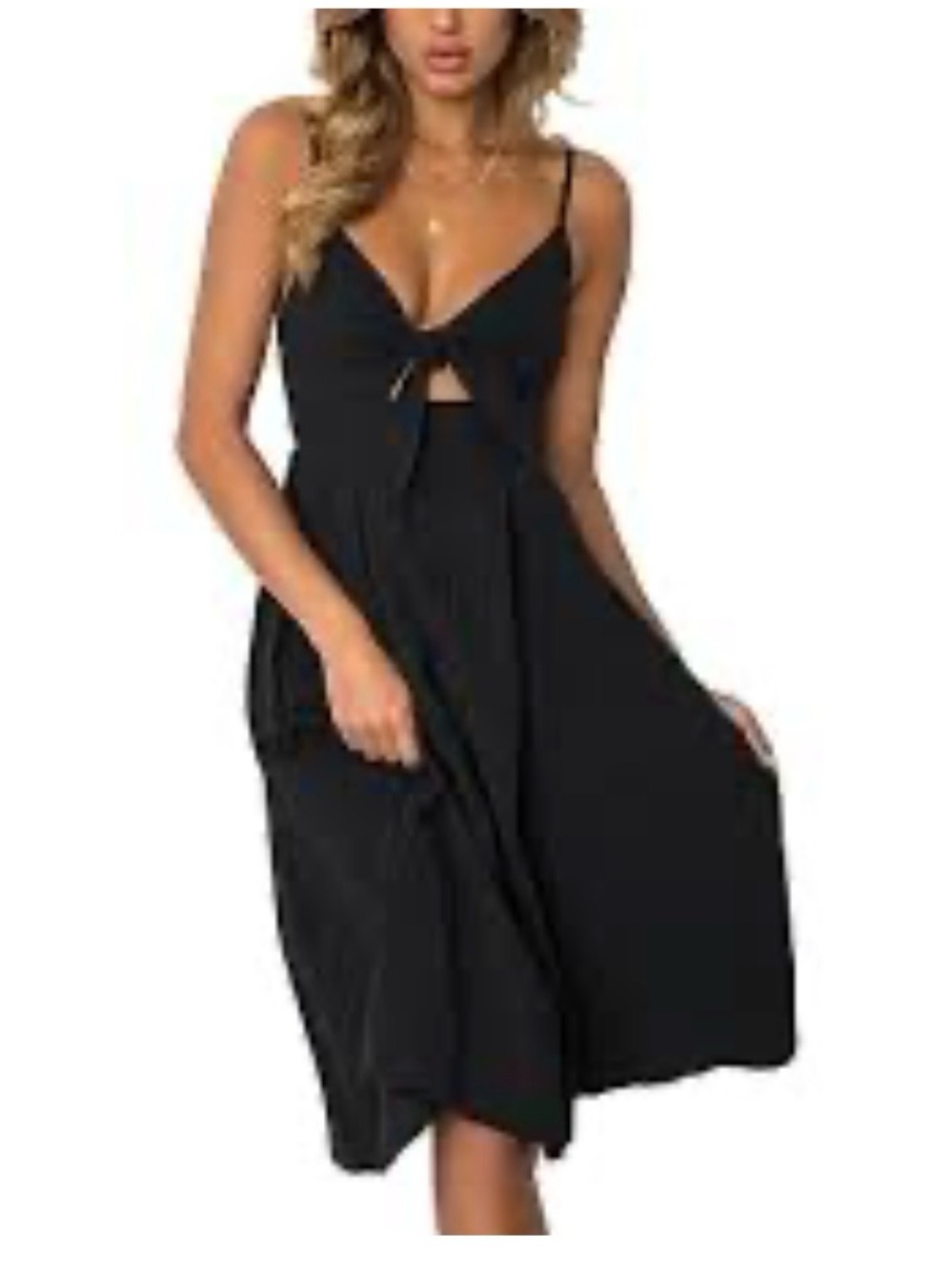 Women's Black Spaghetti Strap Midi Dress with Front Tie